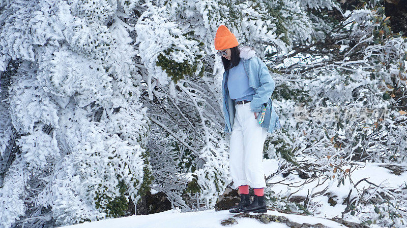 一个女人在寒冷的天气里穿行于白雪覆盖的山林之中