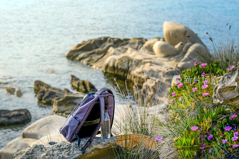 哈尔基季基上,在你的春天徒步旅行。背包和可重复使用的塑料瓶在盛开的海滩附近的岩石上