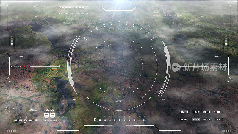 Hud未来的空中侦察飞越神秘的山检查敌人的目标。数字用户界面安全技术景观扫描插图信息图未来背景。