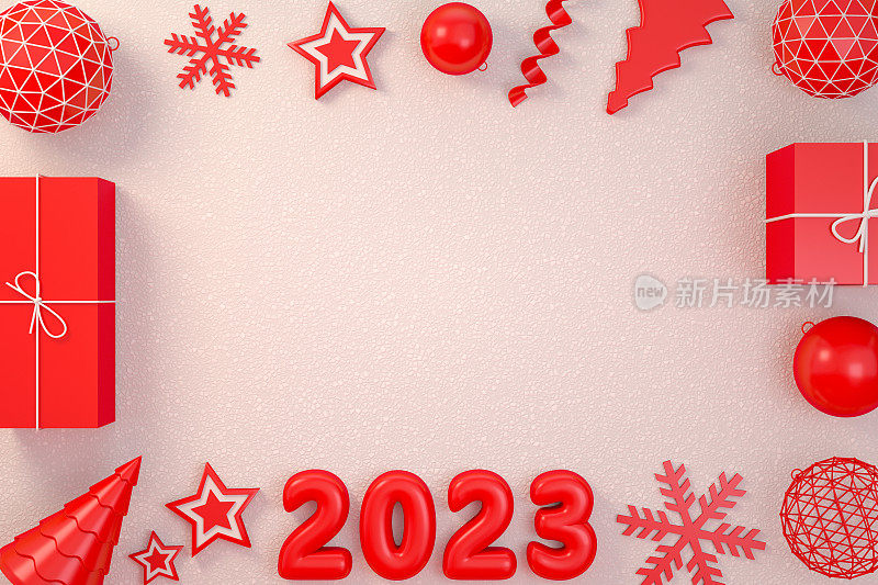 2023年新年，白雪背景圣诞饰品