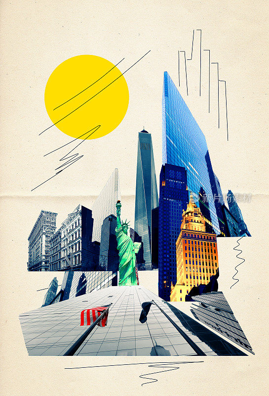 建筑碎片的拼贴。纽约曼哈顿的摩天大楼映衬着天空。拼贴，艺术设计
