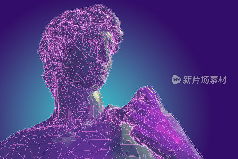 3D渲染经典雕塑Metaverse化身网络低聚发光的紫色线条