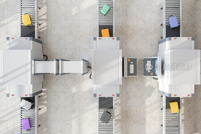 机场安检处的高角度x光扫描仪扫描行李