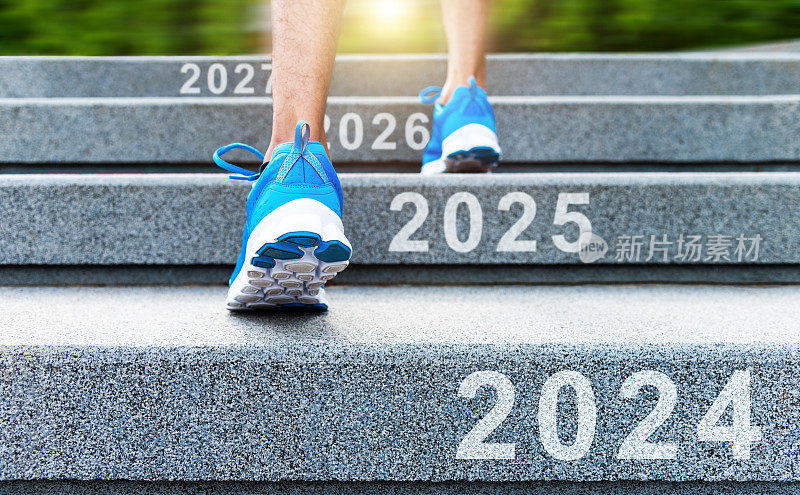 低段男子爬楼梯，新年数字分别是2024、2025、2026和2027