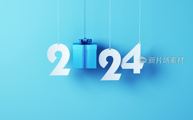 白色剪纸图案礼盒2024年新年信挂在一串蓝色软背景