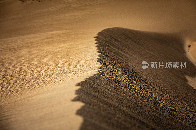 日出的全帧纹理投射阴影在光滑形状的金色沙漠沙丘