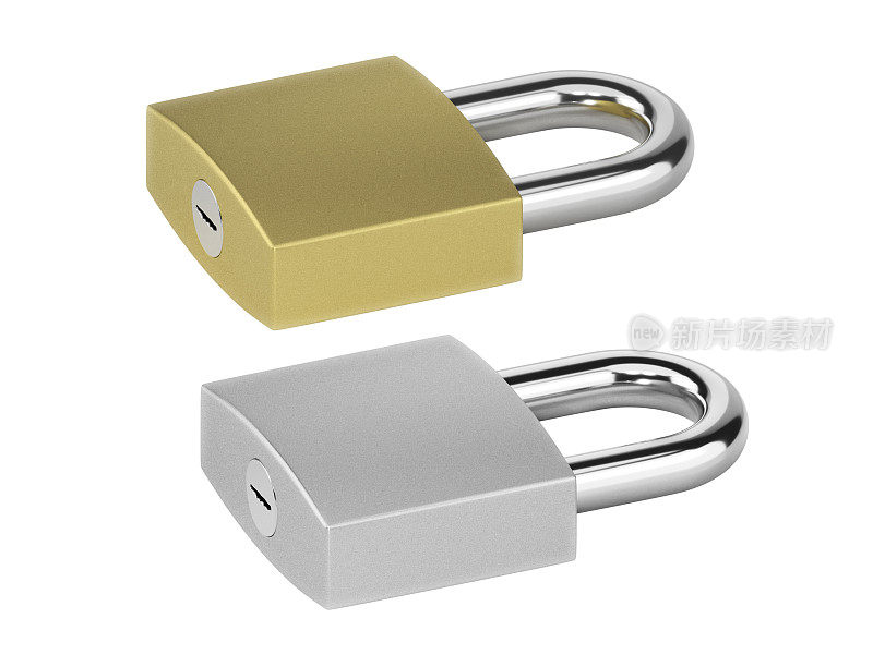 锁定金色挂锁和锁定银色挂锁在白色背景