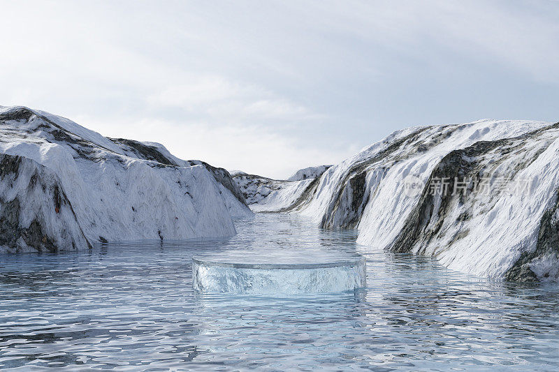 3d渲染平台和自然的冬季背景，冰平台漂浮在湖背景雪山和冰川在白天的产品展台展示，广告，模型或等