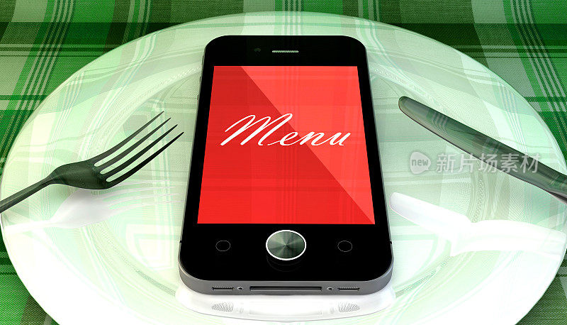 智能手机餐盘配刀叉，在线订购概念