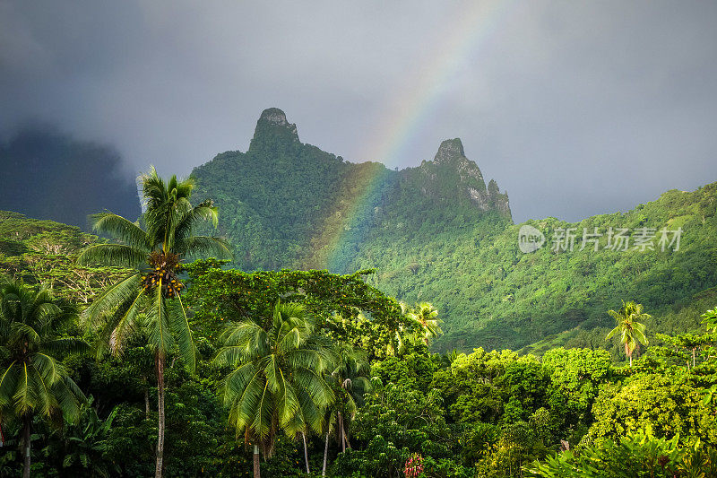 彩虹在莫雷阿岛丛林和山脉景观