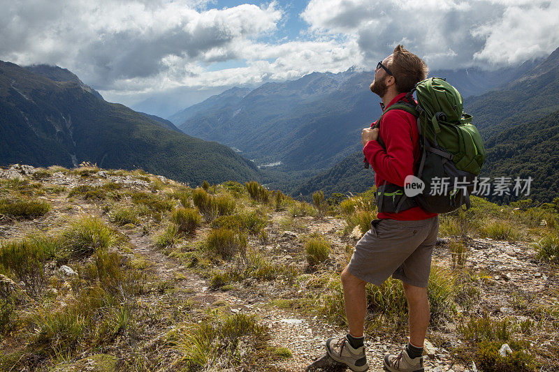 徒步旅行的年轻人停下来看看山景