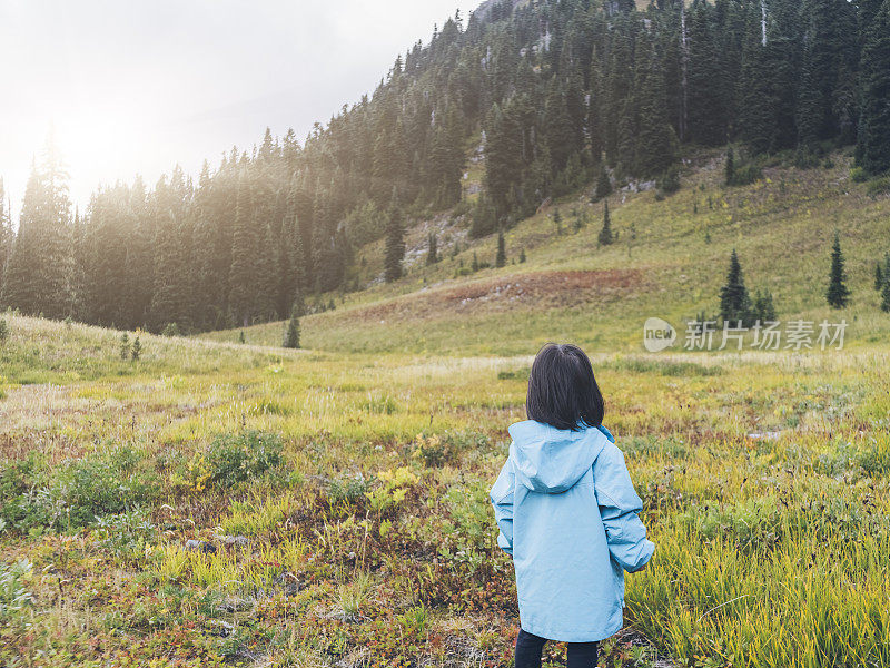 一个亚洲小女孩在雷尼尔山徒步旅行