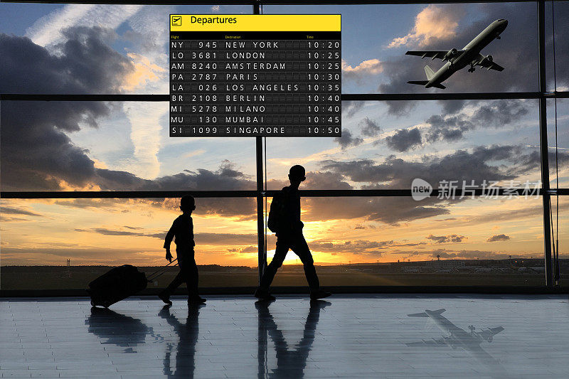 机场航站楼出发儿童旅客剪影飞机