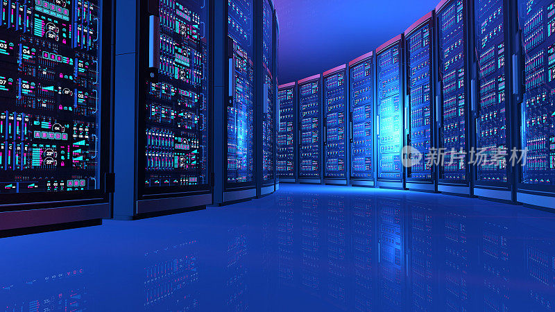 未来服务器室的网络计算机细节，蓝光