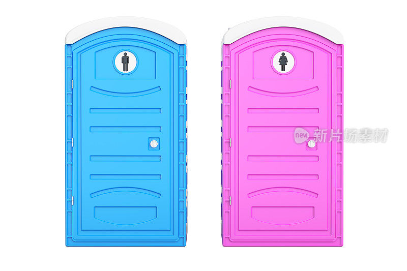 便携式蓝色男性和粉色女性厕所，3D渲染隔离在白色背景