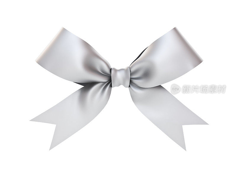 银色礼品丝带蝴蝶结孤立在白色背景上。三维渲染
