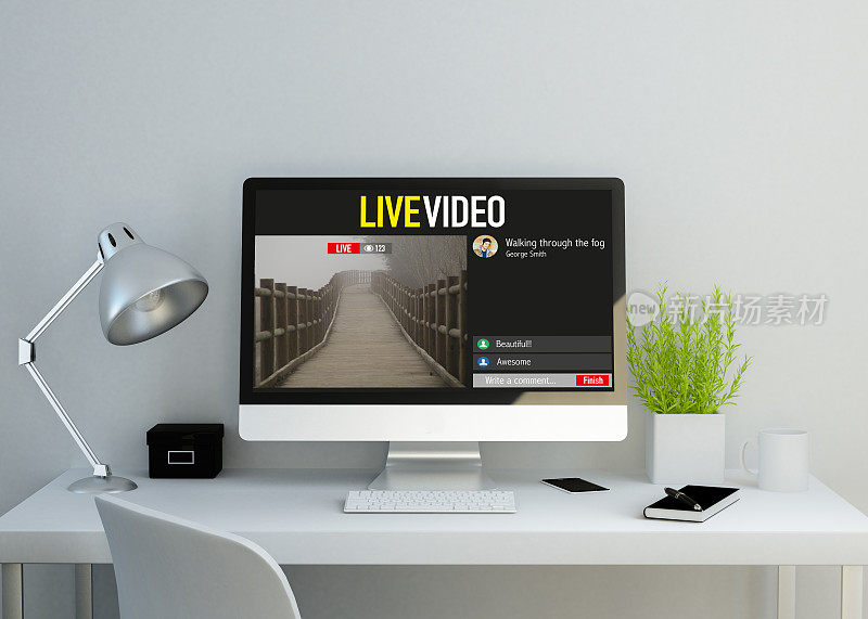 现代干净的工作空间与现场视频网站在屏幕上