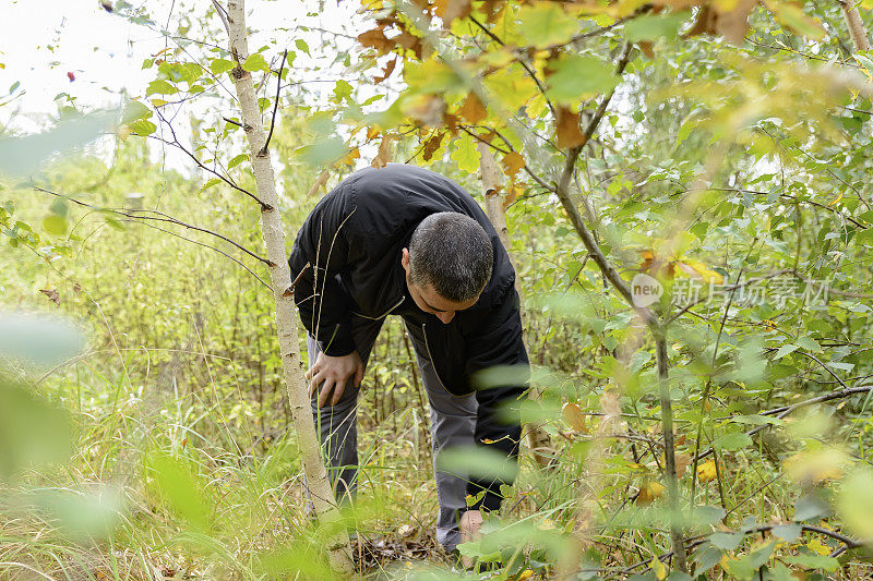 一个短头发和黑衣服的人弯着腰在树林里发现。