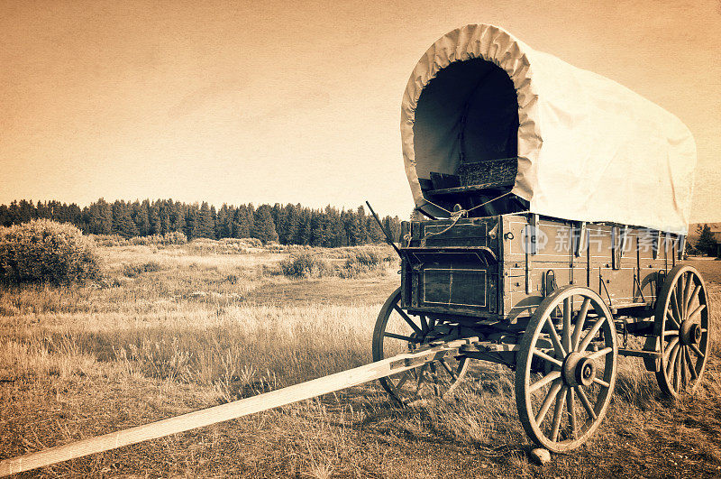 复古的美国西部马车，深褐色复古工艺，美国西部牛仔时代的概念