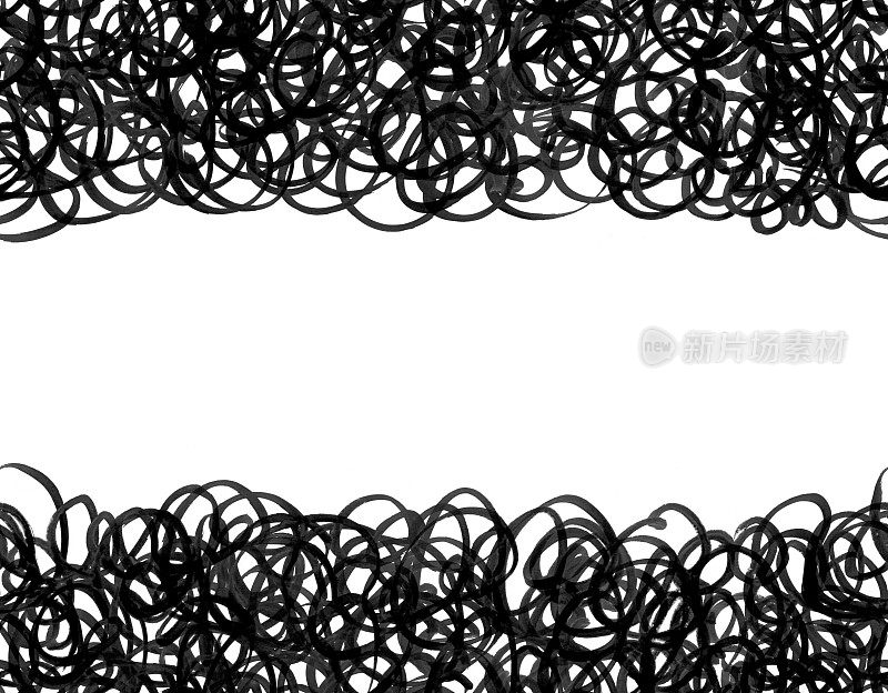 在白纸背景上凌乱的卷曲的黑色线-卡片的顶部和底部抽象的3D面条-无缝孤立的手画风滚草图案