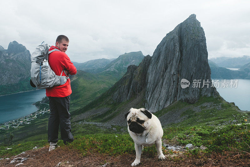 人们和狗在挪威北部的山上徒步旅行