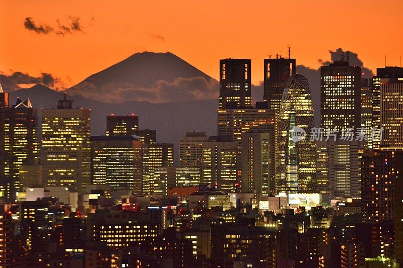 富士山和东京的天际线:白天和黑夜