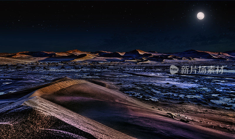 夜间的纳米布沙漠，橙色的沙丘和星空