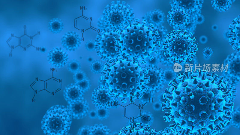 在宿主中引起感染的致病病毒的三维插图，病毒疾病的爆发，病毒抽象背景