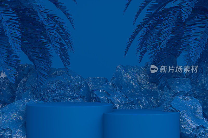 3D空经典蓝色产品站，平台，讲台与棕榈叶和岩石