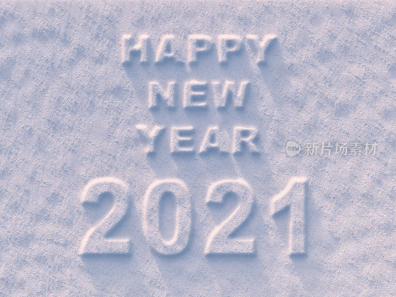 “2021年新年快乐”的文字印在雪地上