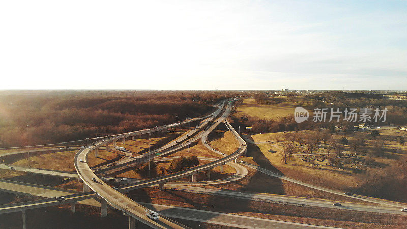 在美国中西部的公路运输照片系列的公共汽车和汽车下匝道空中立交桥交通视图