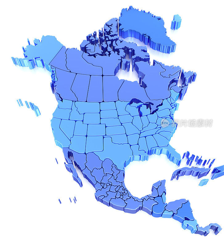 北美地图与美国，墨西哥，加拿大，格陵兰岛，古巴，牙买加，危地马拉，萨尔瓦多，伯利兹。3D渲染