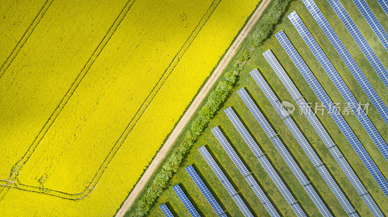 春季油菜田和太阳能发电厂鸟瞰图