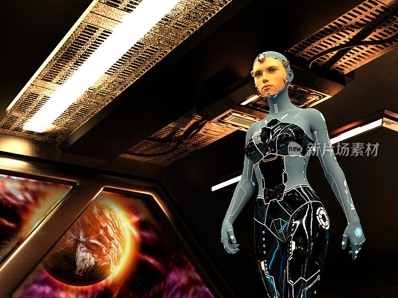 在星际飞船上长着一张真正年轻女人脸的半机械人。未来仿生和人工智能的概念。