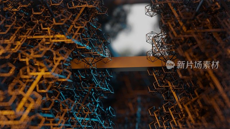 装饰分形立方体和数字Ico球体连接在旋转的区块链信息