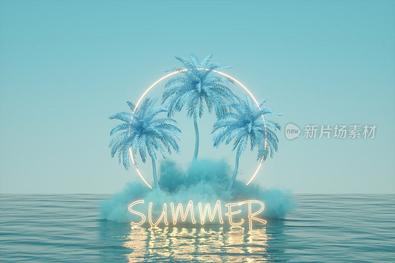 霓虹灯夏季假日旅游概念云和棕榈树在海蓝色的背景