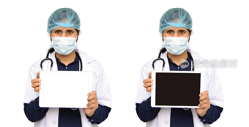 女士或女医生，戴着外科口罩，帽子，白大褂，脖子上挂着黑色听诊器，手里拿着ipad或平板电脑，在白色背景上显示空白屏幕，文本拷贝空间有两种选择