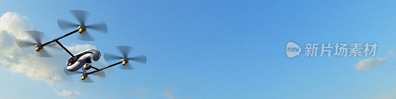 无人机四旋翼机在蓝天全景飞行