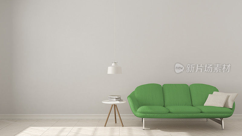 斯堪的纳维亚简约主义背景，人字形天然拼花地板上的绿色沙发，室内设计