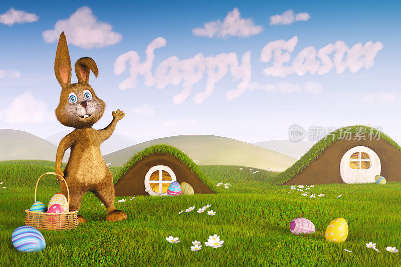 兔子指着“复活节快乐”的云朵