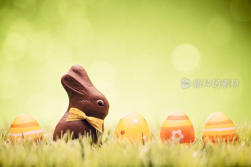 复活节彩蛋和巧克力兔子-绿草散焦散焦