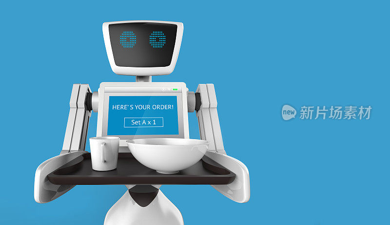 机器人技术趋势的商业概念。自主个人助理个人机器人服务食物在餐厅与蓝色背景。三维渲染