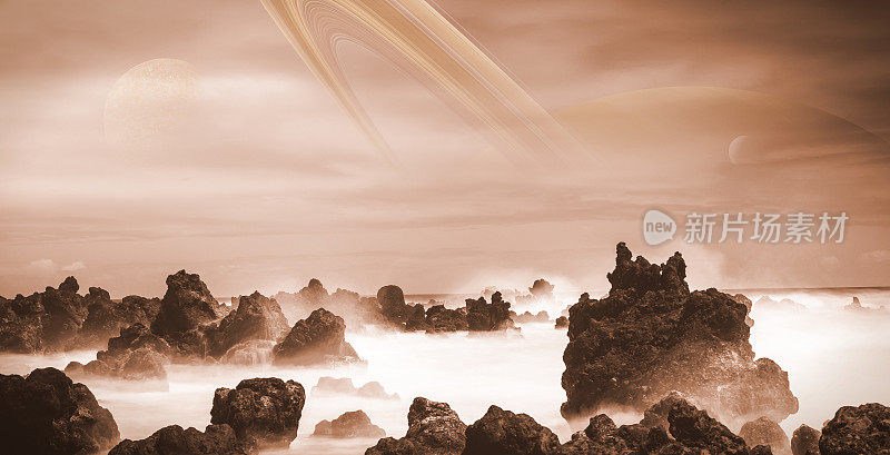 从土卫六上看到的土星，带有海洋和奇怪岩层的外星景观(3d插图)