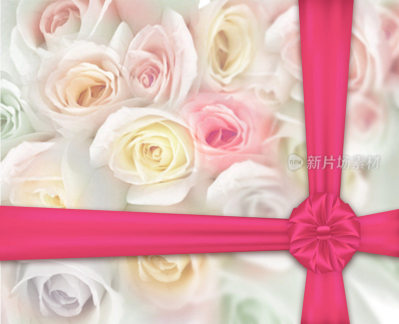 美丽的花，粉红的玫瑰和蝴蝶结