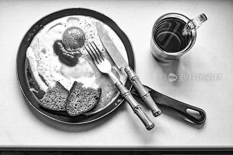 黑白照片，早餐，咖啡馆，煎蛋，在煎
