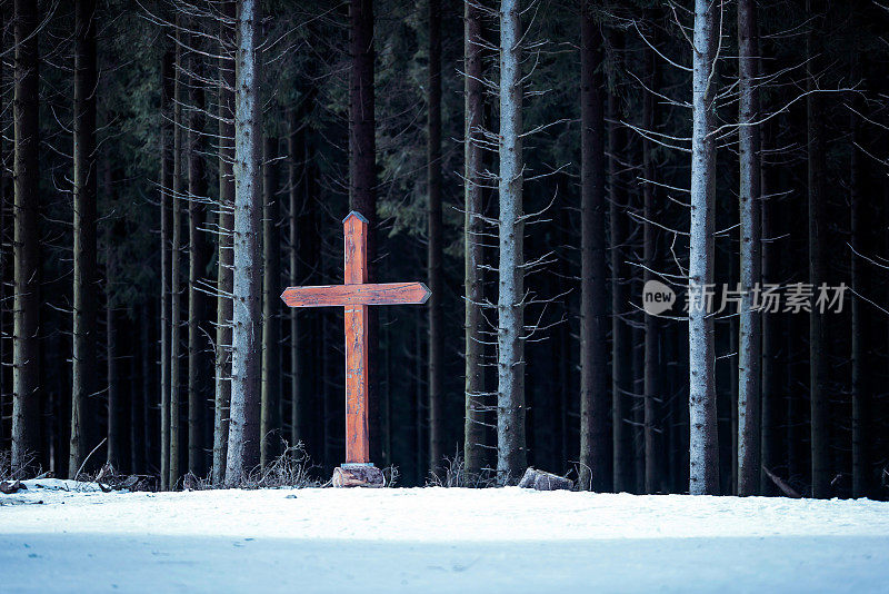 木十字架在雪坡附近的黑松林。