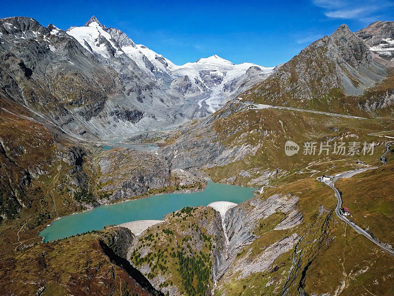 大格洛克纳冰川和风景优美的高山公路，奥地利鸟瞰图