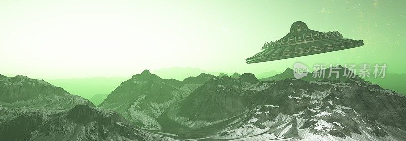 三维插画外星人的世界在空间与绿色气氛。宇宙飞船在外星，飞碟在外星山脉上空飞行。冬天和雪。
