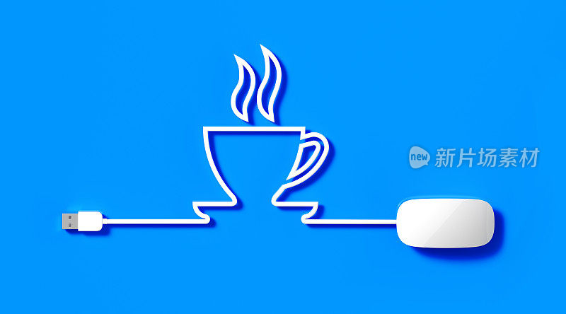 在蓝色背景上形成一个咖啡杯符号的小白鼠电缆