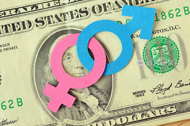 男性和女性的性别符号捆绑在一起的美元钞票-性别关系概念